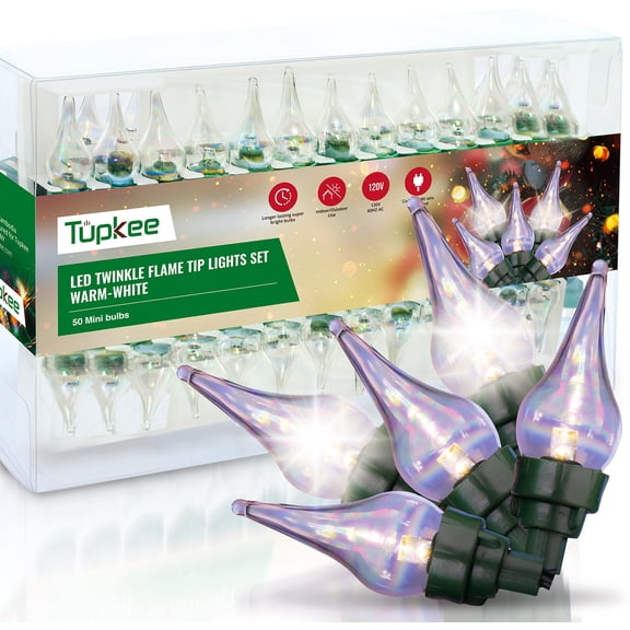 Tupkee Christmas Random Twinkle Flame Tip Light Set - 10 of 50 Lights Twinkle 50 LED Warm-White Mini Bulbs With Flame Tip Covers - Indoor Outdoor - 15.5' String - Holiday Decor Christmas Tree Lights