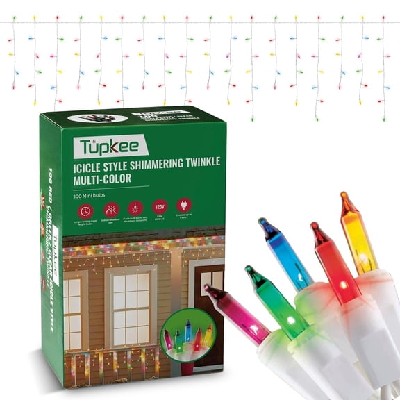 Tupkee Christmas Twinkle Icicle Lights - 12 of 100 Bulbs Twinkling - 5.5 Feet Light String - 100 Incandescent Multicolor Bulbs - Indoor Outdoor - Random Shimmering Sparkling Christmas Icicle Lights