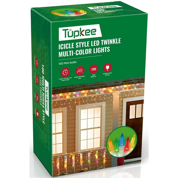 Tupkee Christmas Twinkle Icicle Lights - 12 of 100 Bulbs Twinkling - 5.5 Feet Light String - 100 LED Multicolor Bulbs - Indoor Outdoor - Random Shimmering Sparkling Christmas Icicle Lights