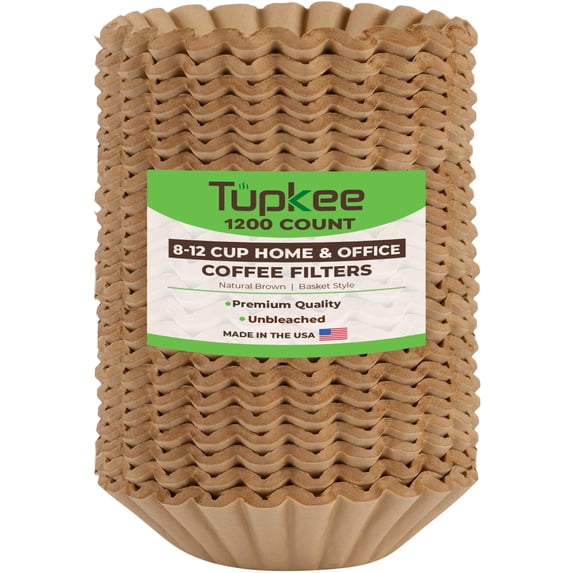 Tupkee Coffee Filters 8-12 Cups - 1200 Count, Basket Style, Natural Brown Unbleached Coffee Filter, Made in the USA
