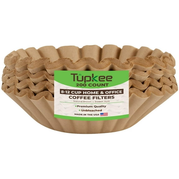 Tupkee Coffee Filters 8-12 Cups - 200 Count, Basket Style, Natural Brown Unbleached Coffee Filter, Made in the USA