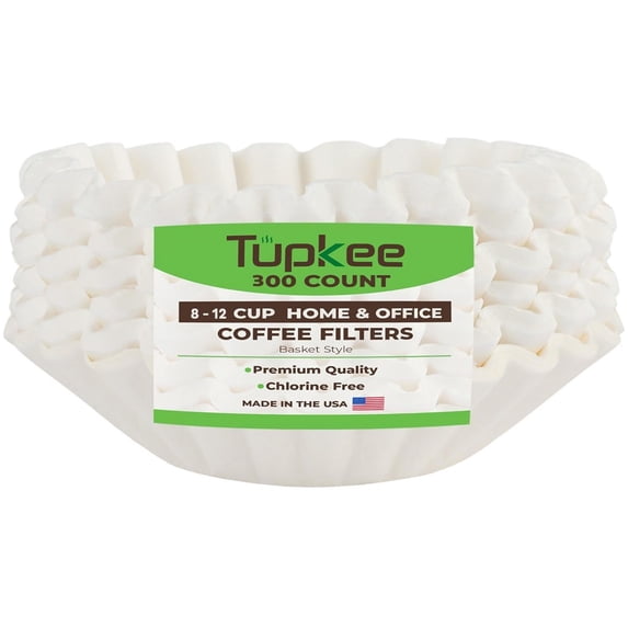 Tupkee Coffee Filters 8-12 Cups - 300 Count, Basket Style, White Paper, Chlorine Free Coffee Filter, Made in the USA