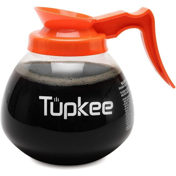 Tupkee Commercial Coffee Pot Replacement - Restaurant Glass Coffee Pots 12 Cup Decanter Carafe - 64 oz. 12-Cup, Orange Handle / Decaf