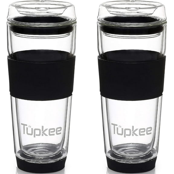 Tupkee Double Wall All Glass Tumbler - 14-Ounce, Reusable Insulated Tea/Coffee Mug & Lid, Hand Blown Glass Travel Mug - Black - 2 Pack