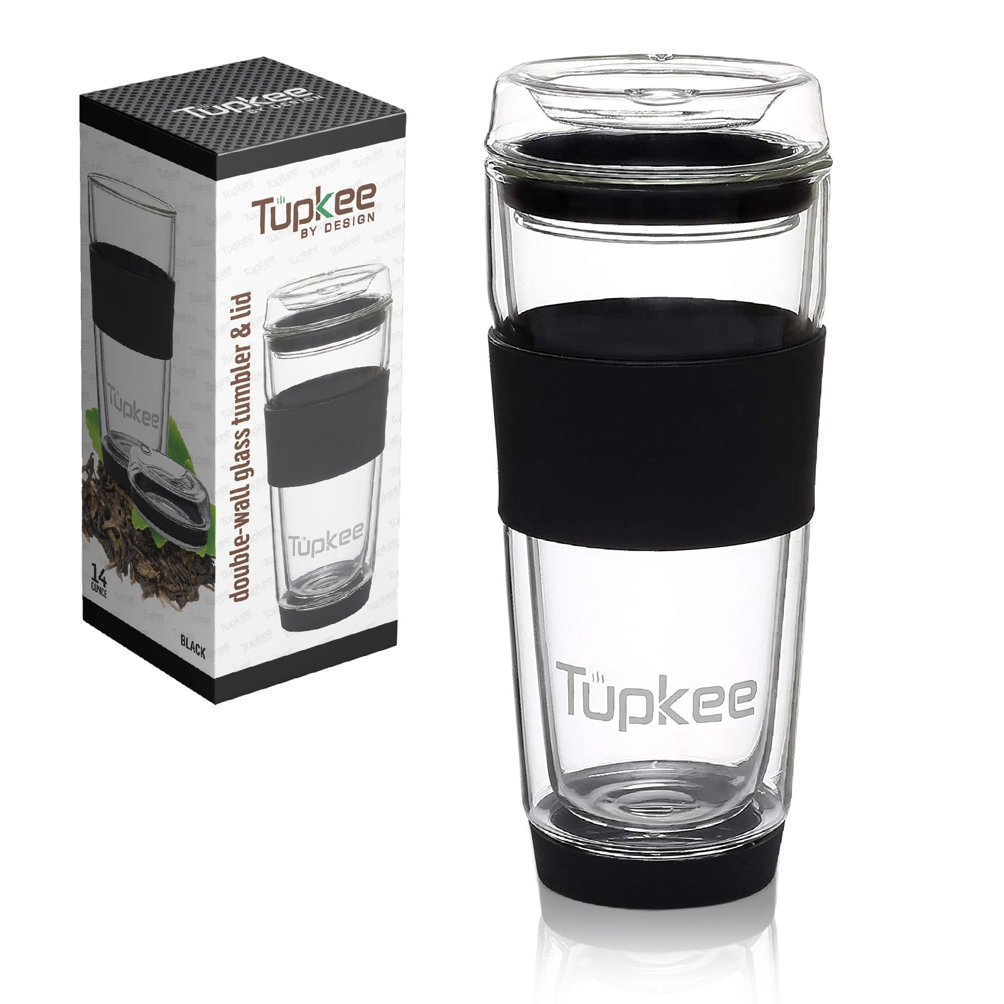 14-Ounce Black Double Wall Glass Travel Tumbler with Lid