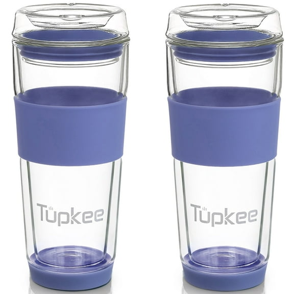 Tupkee Double Wall Glass Tumbler - 14-Ounce, All Glass Reusable Insulated Tea/Coffee Mug & Lid, Hand Blown Glass Travel Mug - Jacaranda - 2 Pack
