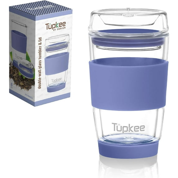 Tupkee Double Wall Glass Tumbler - 8-Ounce, All Glass Hand Blown Reusable Insulated Tea/Coffee Mug & Lid, Travel Mug - Jacaranda