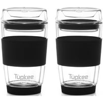 Tupkee Double Wall Glass Tumbler - 8-Ounce, All Glass Reusable Insulated Tea/Coffee Mug & Lid, Hand Blown Glass Travel Mug - Black - 2 Pack