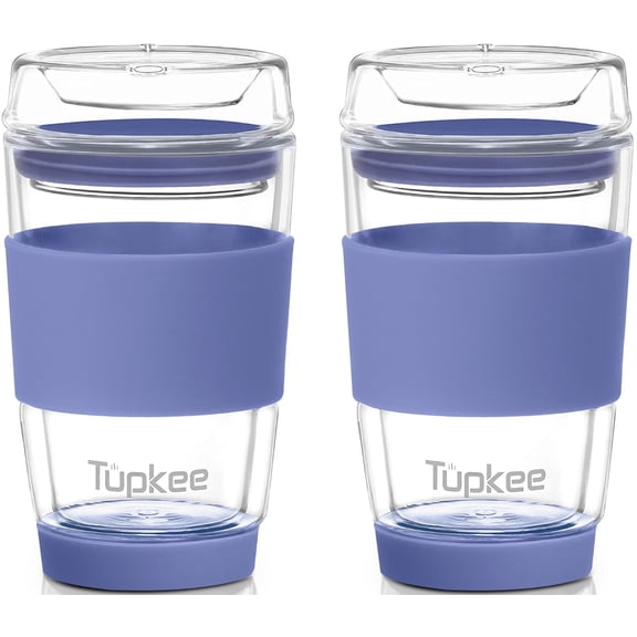 Tupkee Double Wall Glass Tumbler - 8-Ounce, All Glass Reusable Insulated Tea/Coffee Mug & Lid, Hand Blown Glass Travel Mug - Jacaranda - 2 Pack