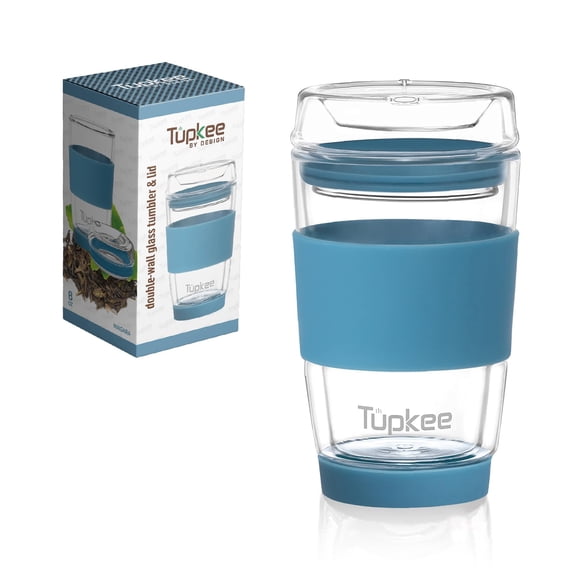 Tupkee Double Wall Glass Tumbler - 8-Ounce, All Glass Reusable Insulated Tea/Coffee Mug & Lid, Hand Blown Glass Travel Mug - Niagara