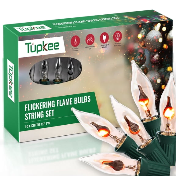 Tupkee Flickering Flame Bulbs String Set 10 Light Bulb C7 1W with Orange Glow That Flickers and Dances Up and Down Indoor Outdoor - 10' Light String - for Halloween, Christmas Tree Holiday Decor