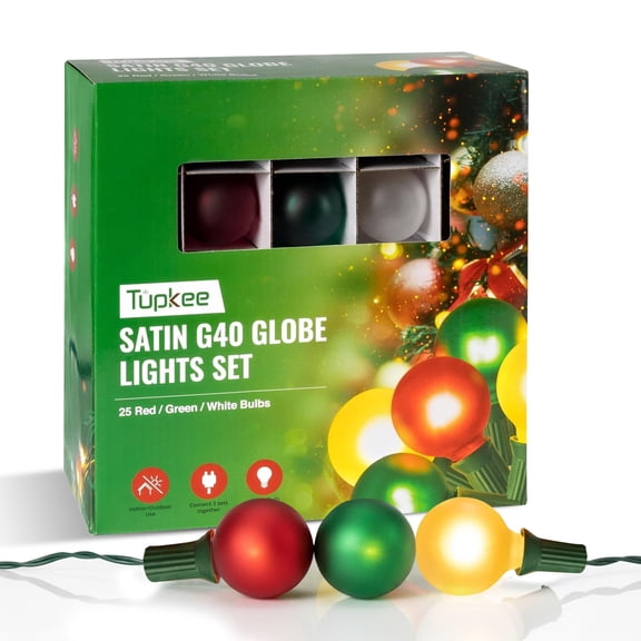 Tupkee G40 Satin Globe Lights Set 25 Red, Green & Clear Bulbs - Indoor Outdoor 25 Feet Light String - Christmas Tree Holiday Decor Hanging Garden Backyard Patio Christmas Lights