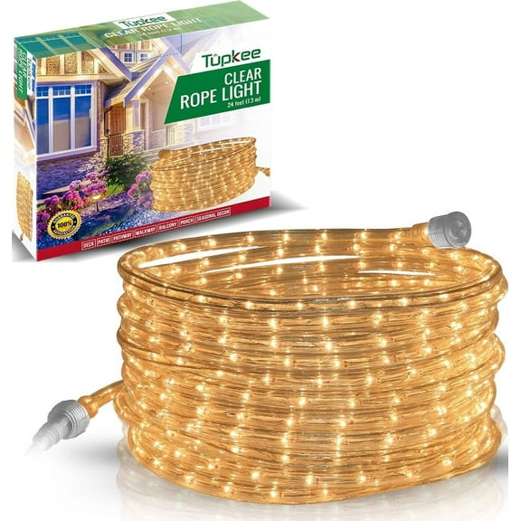 Tupkee Incandescent Rope Light Clear - 24 Feet 7.3 m, for Indoor and Outdoor use - 10MM Diameter - 288 Clear Warm Incandescent Long Life Bulbs Decorative Rope Tube Lights
