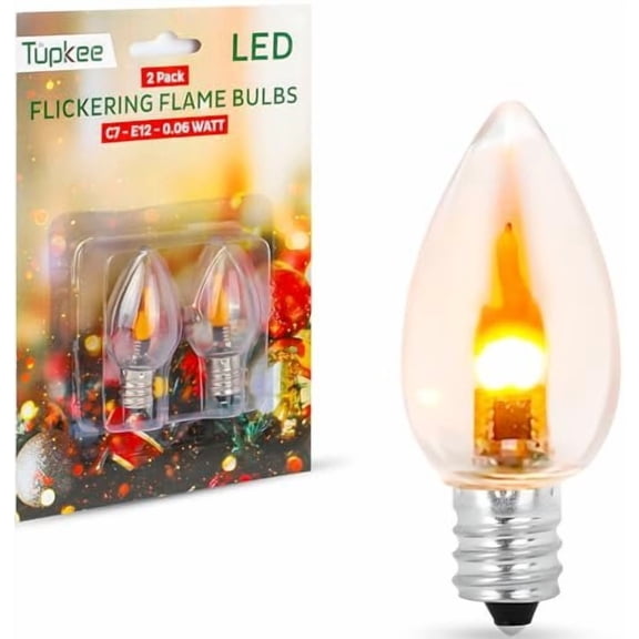 Tupkee LED Flickering Flame Bulb C7, E12 Base, 0.06 Watt, Flicker Flame LED Bulb with a Warm Glow That Flickers and Dances Up and Down - for Halloween, Christmas Candolier Window Candle - 2/Pkg