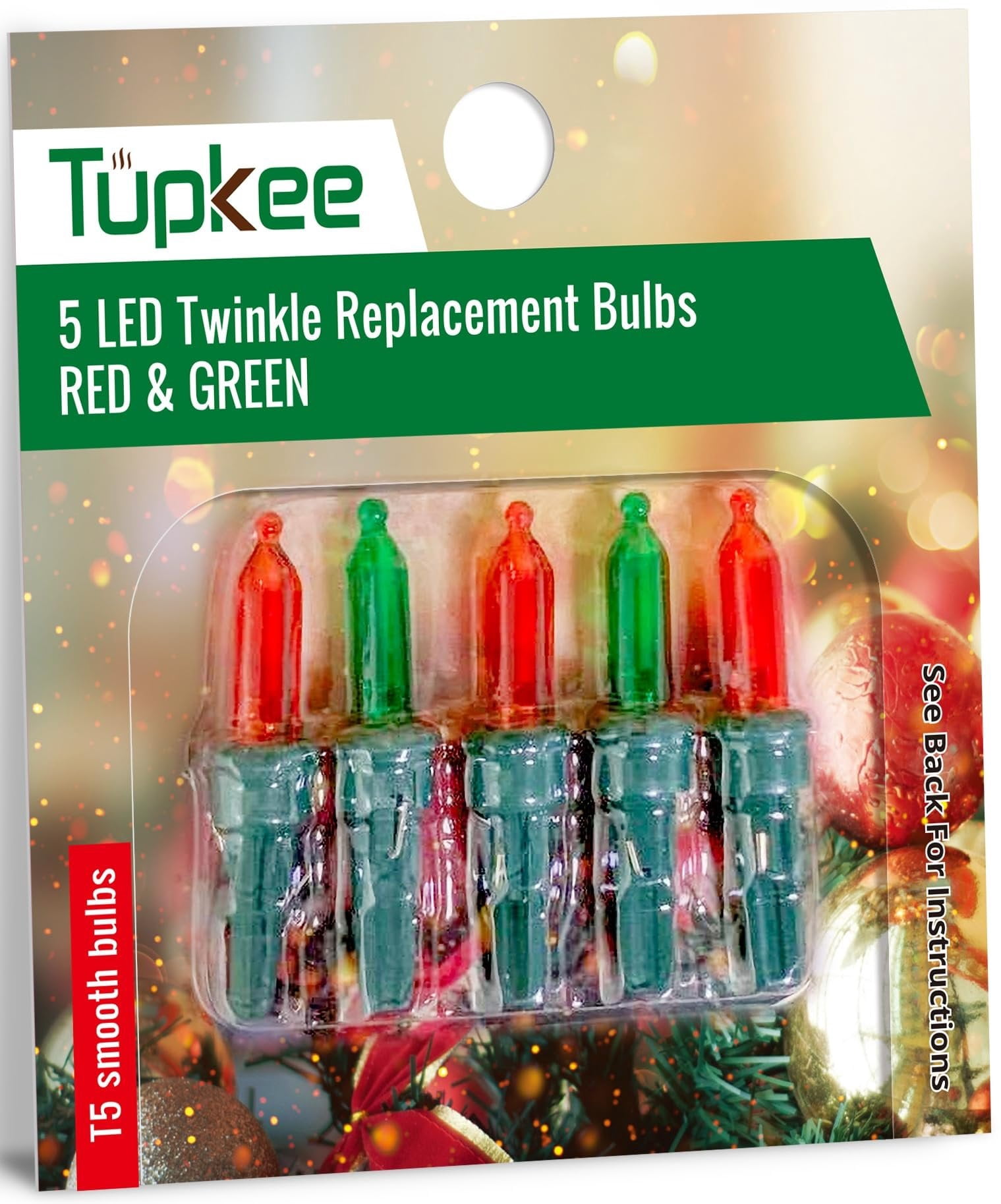 Tupkee LED Replacement Twinkle Bulbs - Red & Green T5 Smooth Bulbs - 5 ...