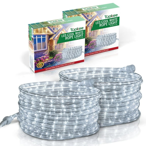 Tupkee LED Rope Light Cool-White - 24 Feet 7.3 m, for Indoor and Outdoor use - 10MM Diameter - 144 LED Long Life Bulbs Decorative Rope Tube Lights - Pack of 2