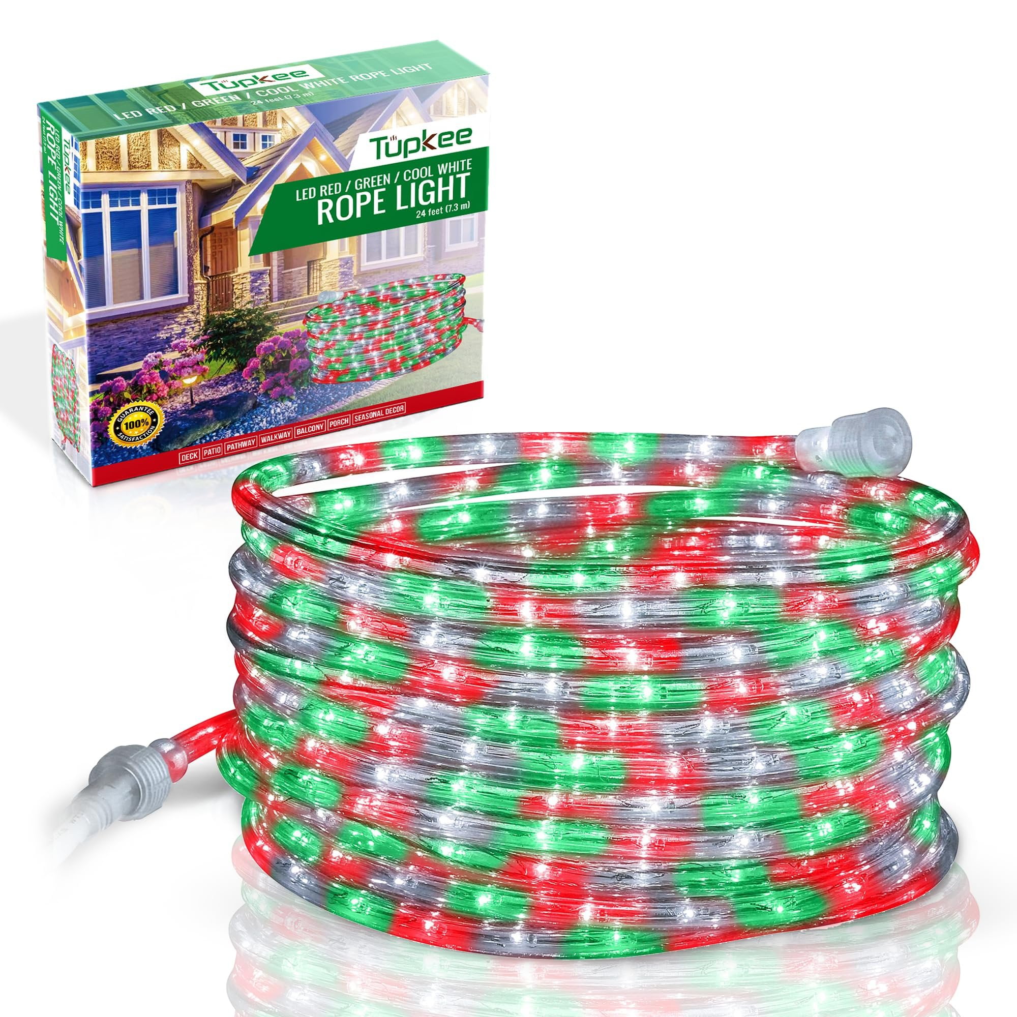 Tupkee LED Rope Light, 24 ft, Red, Green & Clear, Indoor/Outdoor ...