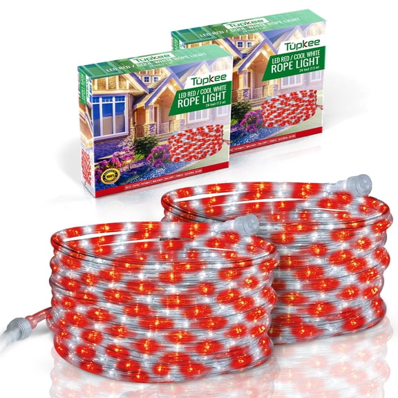 Tupkee LED Rope Light Red & Cool White - for Indoor and Outdoor use, 24 Feet 7.3 m - 10MM Diameter - 144 LED Long Life Bulbs Rope Tube Lights - Pack of 2