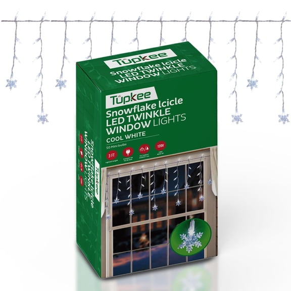 Tupkee LED Twinkle Snowflake Window Icicle Lights - 3 Feet - 8 of 50 Lights Twinkle - 50 LED Cool White Bulbs - Indoor Outdoor - Random Shimmering Twinkle Icicle Lights, Sparkling Christmas Lights