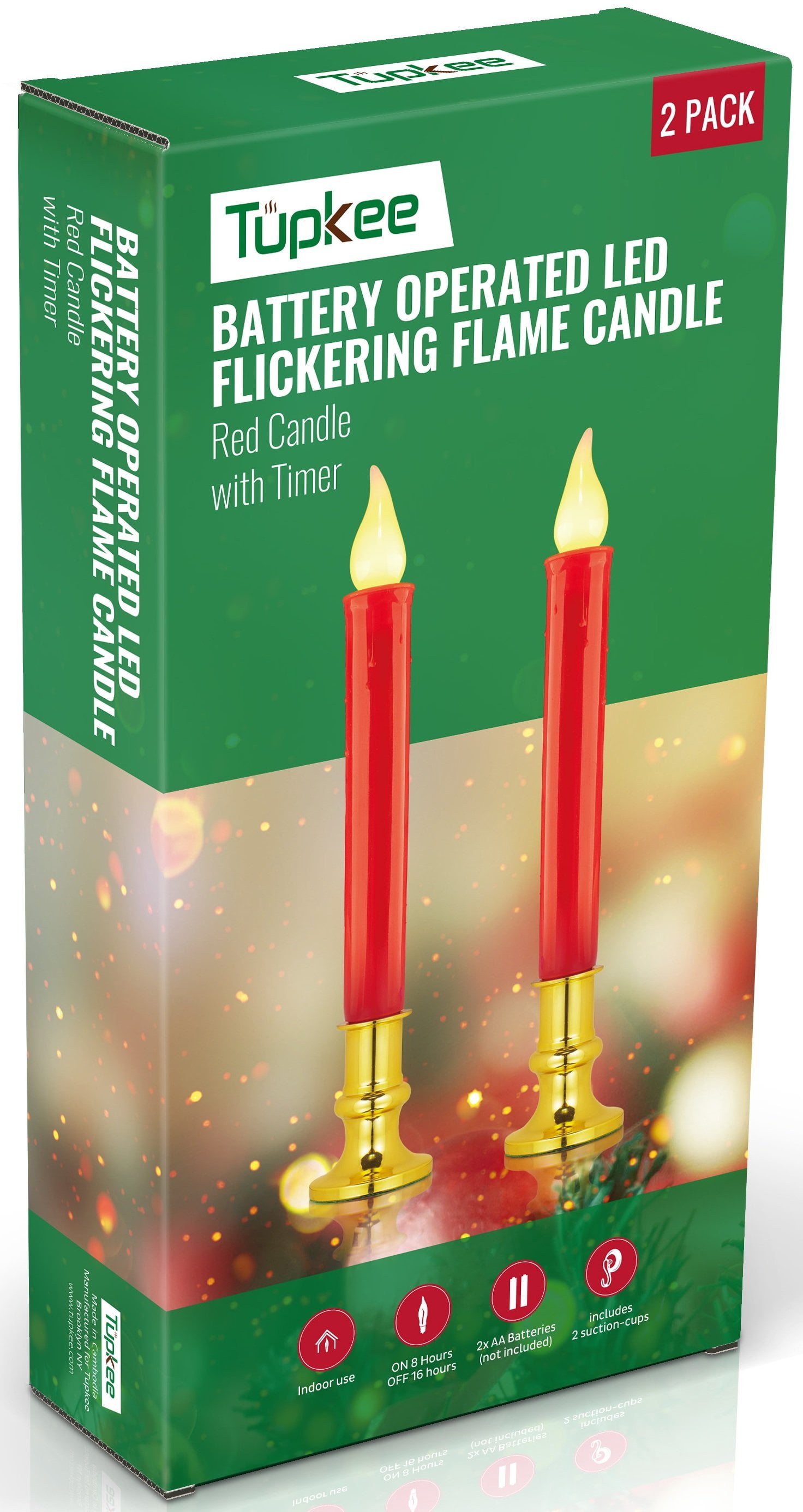 Tupkee Red LED Window Candles  Set of 2 Battery-Operated Flameless Christmas Candles with Flickering Flame & Timer for Holiday Window & Home Home Decoration