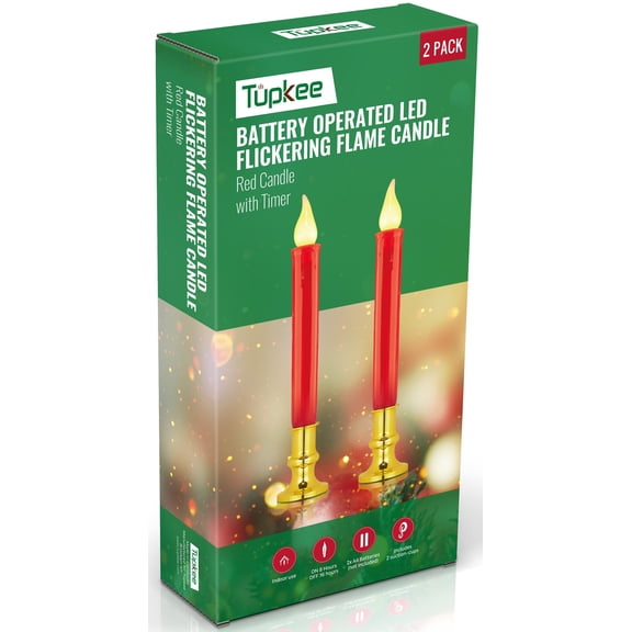 Tupkee Red LED Window Candles Set of 2 Battery-Operated Flameless Christmas Candles with Flickering Flame & Timer for Holiday Window & Home Home Decoration