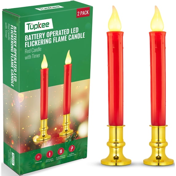 Tupkee Red LED Window Candles Set of 2 Battery-Operated Flameless Christmas Candles with Flickering Flame & Timer for Holiday Window & Home Home Decoration