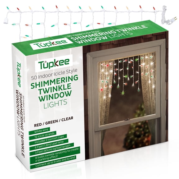 Tupkee Shimmering Twinkle Window Icicle Lights - 3 Feet 0.91 m, 8 of 50 Lights Twinkle - 50 Red-Green-Clear Incandescent Bulbs - Random Twinkle Christmas Window Icicle Lights - Indoor Outdoor