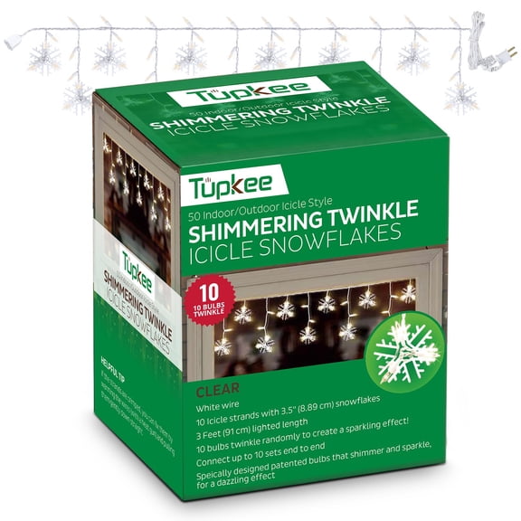 Tupkee Shimmering Twinkle Window Icicle Snowflakes Lights - 3 Feet 0.91 m, 50 Clear Incandescent Christmas Indoor Outdoor Random Twinkle Icicle Snowflake Lights - 8 of 50 Lights Twinkle
