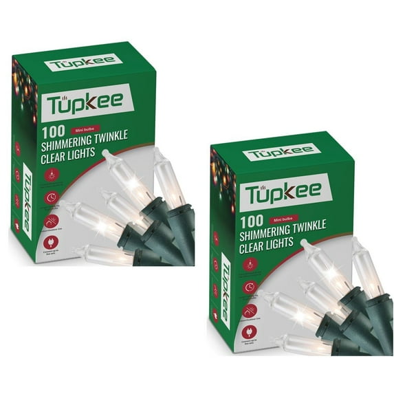 Tupkee Twinkle Shimmering Lights - Indoor Outdoor 20.5 Feet Light String, 100 Clear Bulbs - Christmas Tree Holiday Decor - 2 Pack Total 200 Lights