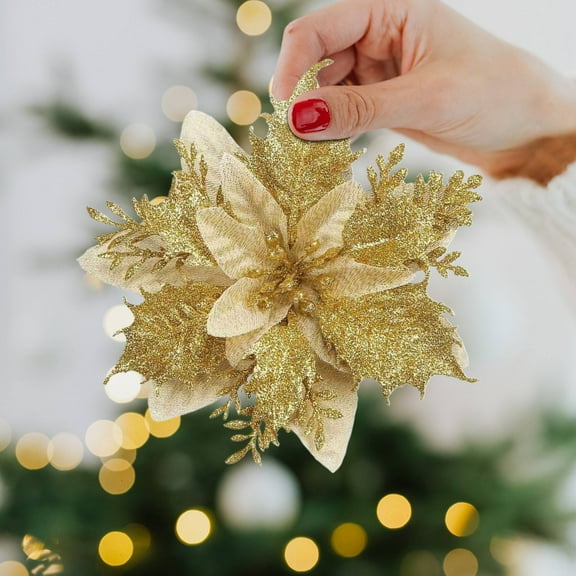 Tuplbcv 10PCS Artificial Poinsettia Christmas Glitter Flowers with Clips, 5.7” Xmas Tree Ornaments, Holiday Decor for Home and Office