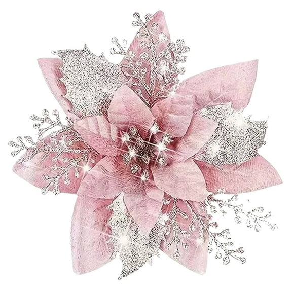 Tuplbcv 1PC Artificial Poinsettia Christmas Glitter Flower with Clip, 5.7” Xmas Tree Ornament, Holiday Flower Decor