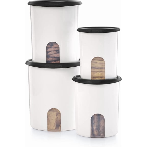 Tupperware Brand 8-Piece One Touch Reminder Canister Set (4 Dry Food Storage Containers + 4 Lids) - Black - Airtight, Dishwasher Safe & BPA Free
