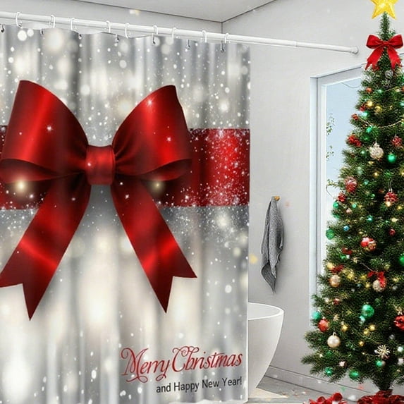 Tupukom Christmas Curtains, Christmas Tree Red Bow Tie New Year Winter Bathroom Curtain Waterproof Fabric Washable