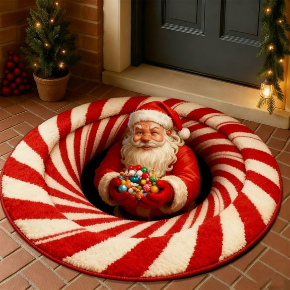 Tupukom Christmas Rugs for Living Room On Sale Christmas Optical Illusion Rugs, Decorative Rug With Depth Pattern Theme, Santa Claus Quilted Round, Durable Fabric, Gift for Home Parties
