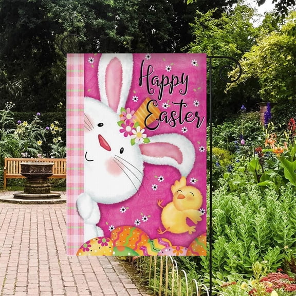 Tupukom Clearance Garden Flags for Outside Easter 12x18 Inch Double Sided Outside, Bunny Rabbit Eggs and Flowers Yard Outdoor Flag Darden Decor for 0utside