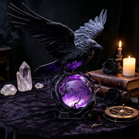 Crow Lamp Dark Academia Decor Gifts Under 20 Black Raven Figurine with Glowing Crystal Orb - Mystical Halloween Tabletop Decor for Mantel, Dark Fantasy Home Accent & Witchy Room Decoration