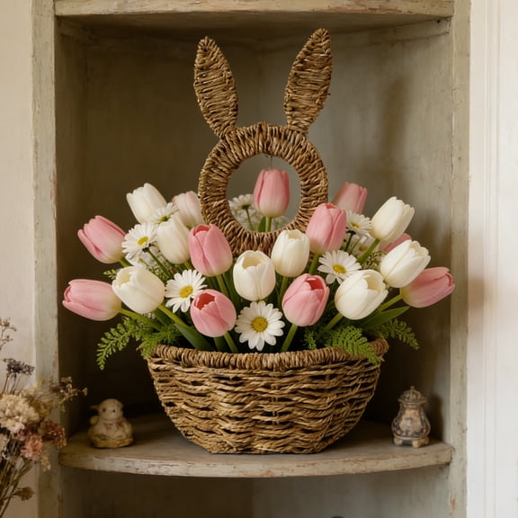 Tupukom Spring Decor Easter Bunny Wicker Basket Door Decoration Rabbit Woven Basket Hanging Wreath for Front Door with Easter Tulips Egg Floral Decorations for Wall Indoor Outdoor