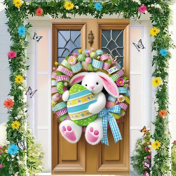 Tupukom Easter Decorations Door Cover 72x35 Inch Cute Rabbit Door Set, Spring Porch Outdoor Indoor Party Background Decoration Banner