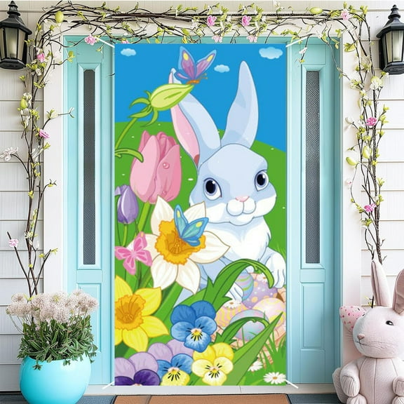 Tupukom Easter Decorations Door Cover 72x35 Inch Easter Door Decorations Bunny Egg Rabbit Hanging Banner Decor Farmhouse Holiday Decor Spring Party Decoration forr Front Wall Backdrop Indoor Outdoor