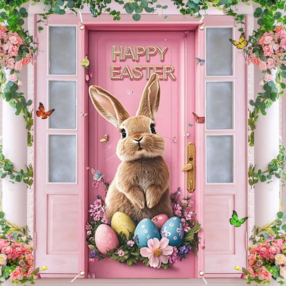 Tupukom Easter Party Decorations Door Cover 72x35 Inch Cute Bunny Rabbit Floral Spring Door Banner Easter Decoration forr Porch Garden Entryway Seasonal Party Backdrop