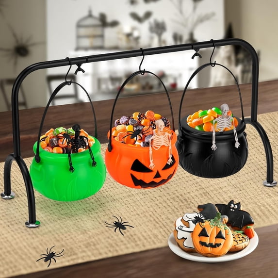 Tupukom Halloween Decor Cauldrons Serving Bowl,Set of 3 Hanging Black Plastic Cauldron Bowls on Rack,Candy Punch Bowl Halloween Witches Cauldron for Home Kitchen Hocus Pocus Party Decorations Indoor