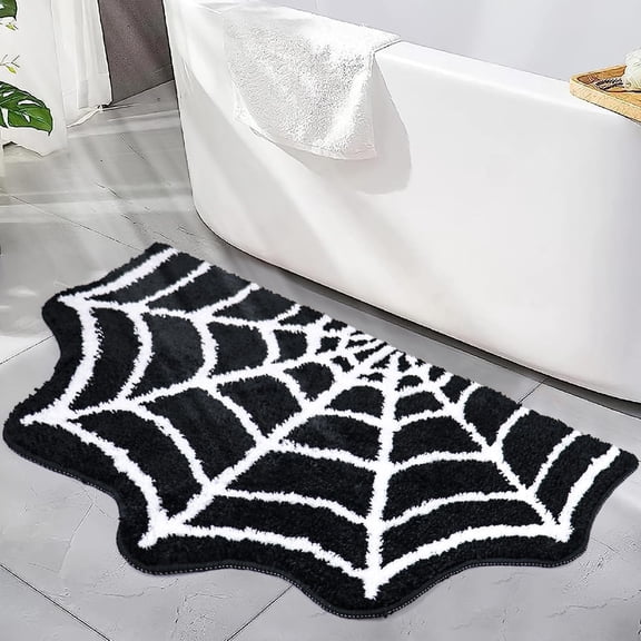 Tupukom Halloween Door Mat, Halloween Decor Spider Web Bath Mat, Gothic Halloween Rug, Black Washable Non-slip Goth Bath Mat for Bathroom, Front Door, Bedroom, Kitchen