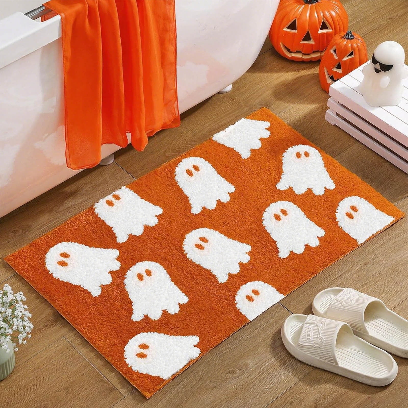 Tupukom Halloween Ghost Bath Mats, Orange Cute Ghost Bathroom ...