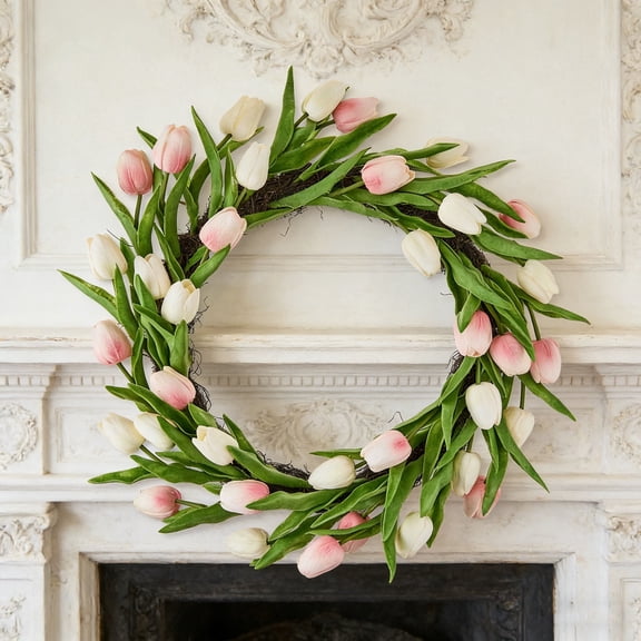 Tupukom Spring Decor Artificial Door Wreath Spring Tulip Wreath for Front Door, Mothers Day Artificial Flower Wreaths with Pink Tulips for Wall Window Party Wedding Decor