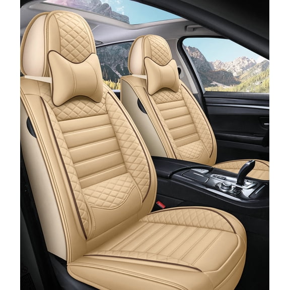 Tuqiang Car Seat Covers Leather for FIAT for Tipo 2015-Present Airbag Compatible Water Resistant Front Rear Cushion Protector with Pollow and Headrest Beige