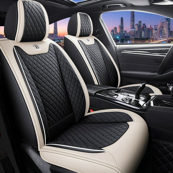 Tuqiang Car Seat Covers Leather Full Set for Lada for Vesta 2015-Present Car Seat Covers - Full 5-Seat Leather Set, Waterproof Black and White