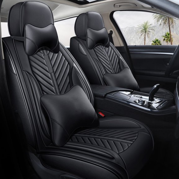 Tuqiang Car Seat Covers Leather Set for FIAT for Tipo 2015-Present Automotive Grade Waterproof Seat Covers with Airbag Design and Heavy-Duty Construction with Pollow and Headrest Black