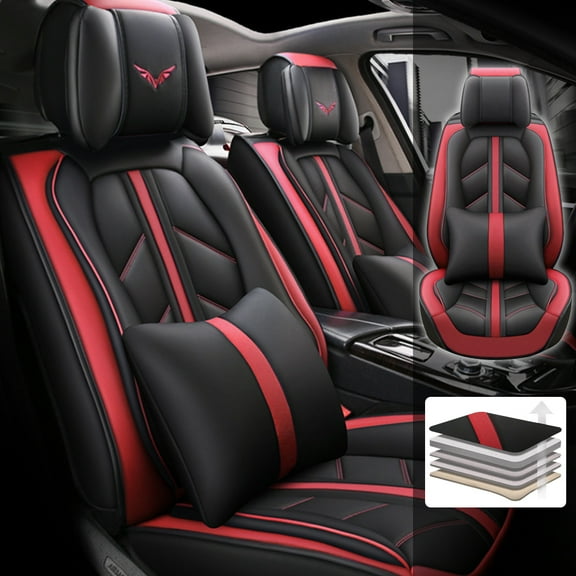 Tuqiang Car Seat Covers Leather Set for Honda for Fit/Jazz 2001-Present Luxury Car Seat Covers with Airbag Safety Feature and Premium Customer Service with Pollow and Headrest Red