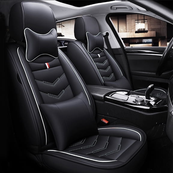 Tuqiang Car Seat Covers Leather Set for Lada for Vesta 2015-Present Water Resistant Front Rear Cushion Protector with Pollow and Headrest Black and White