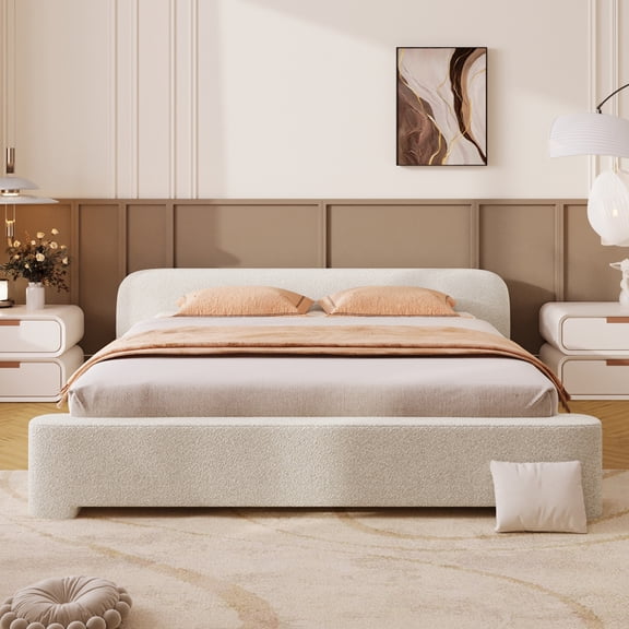 Tuqiang Cozy White Boucle Upholstered Bed Queen Dreamy Addition